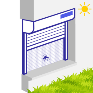 Volet roulant solaire avec moustiquaire pour pose sous linteau avec enroulement extérieur